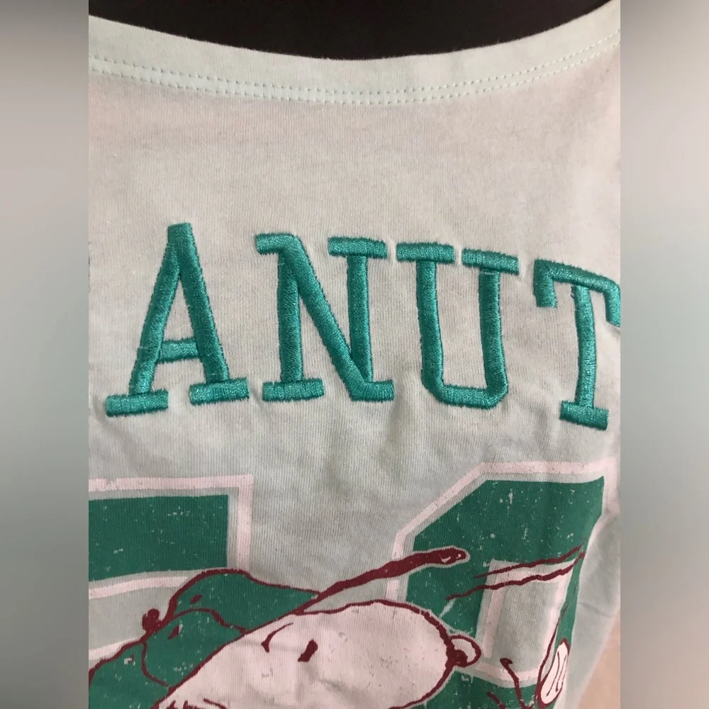 Mint green peanuts 52 play ball embroidered wide neckline cotton t-shirt size M - Picture 3 of 6
